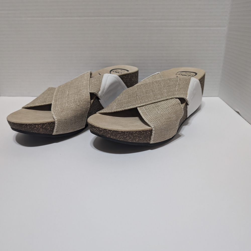Abeo Tan and White Wedge Sandals with Crisscross Straps